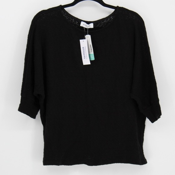 NEW Gilli $68 Medium Black‎ Pointelle Scoop Neck 3/4 Sleeve 100% Cotton Sweater - Picture 5 of 11